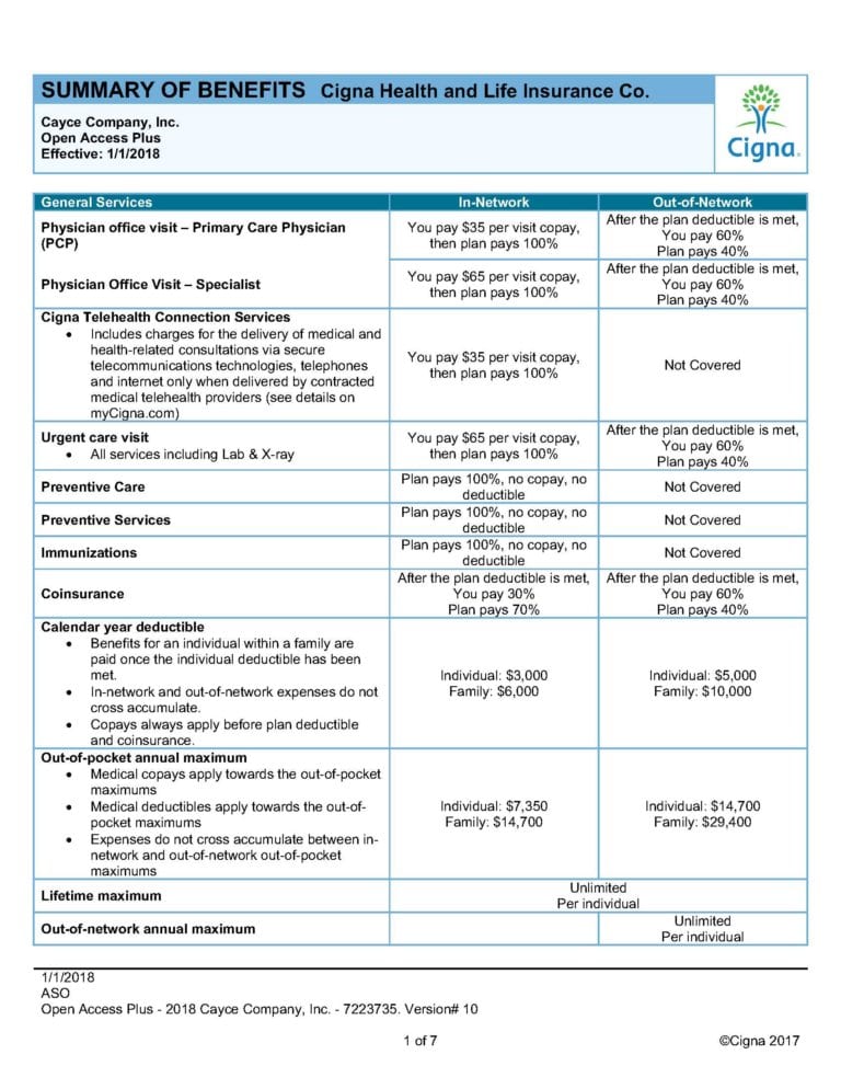 Cayce Company Cigna Summary of Benefits 2018